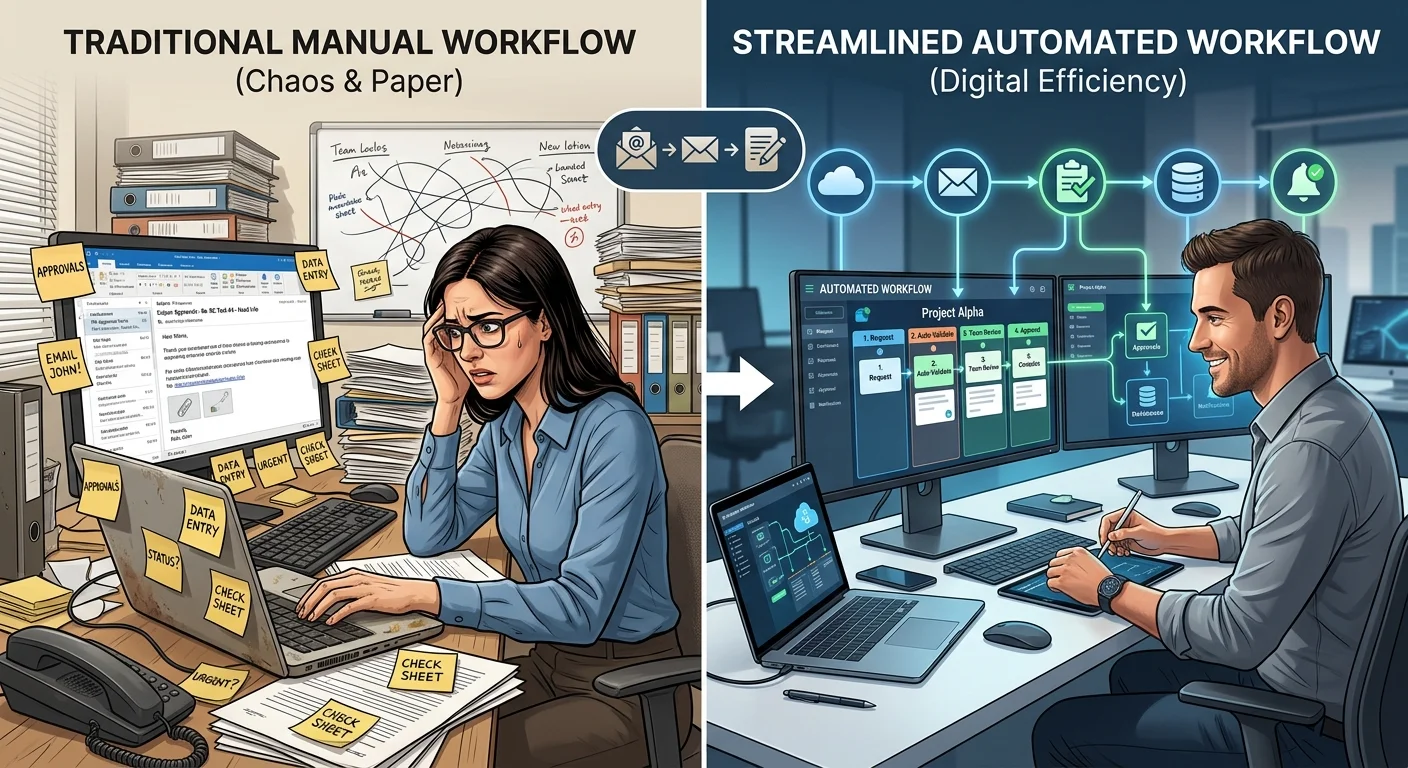 Visual comparison of manual team coordination versus automated workflow management