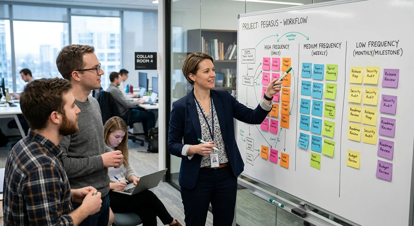 Team lead mapping repetitive tasks on a whiteboard for workflow automation planning