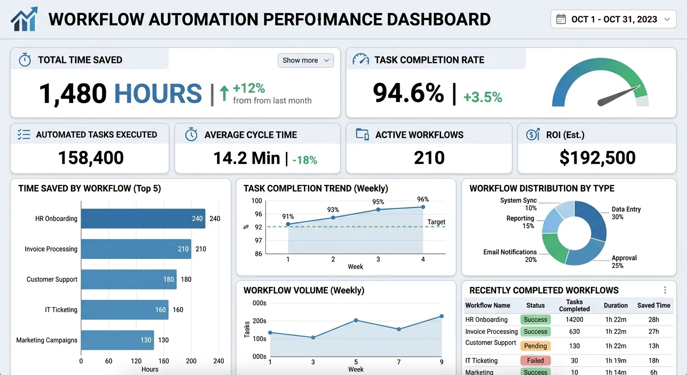Automation analytics dashboard displaying weekly time saved and workflow performance metrics