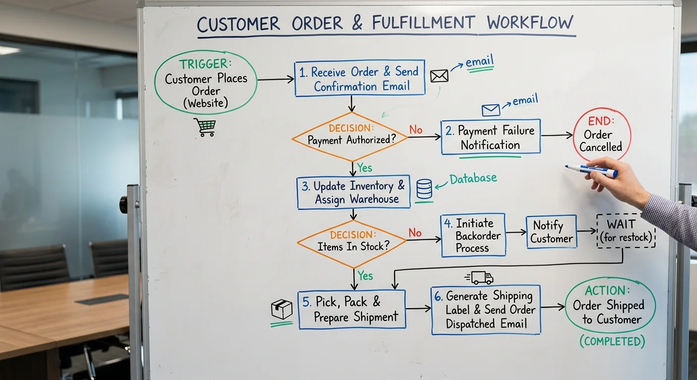 Visual map of an automated workflow showing triggers, conditions, and action steps